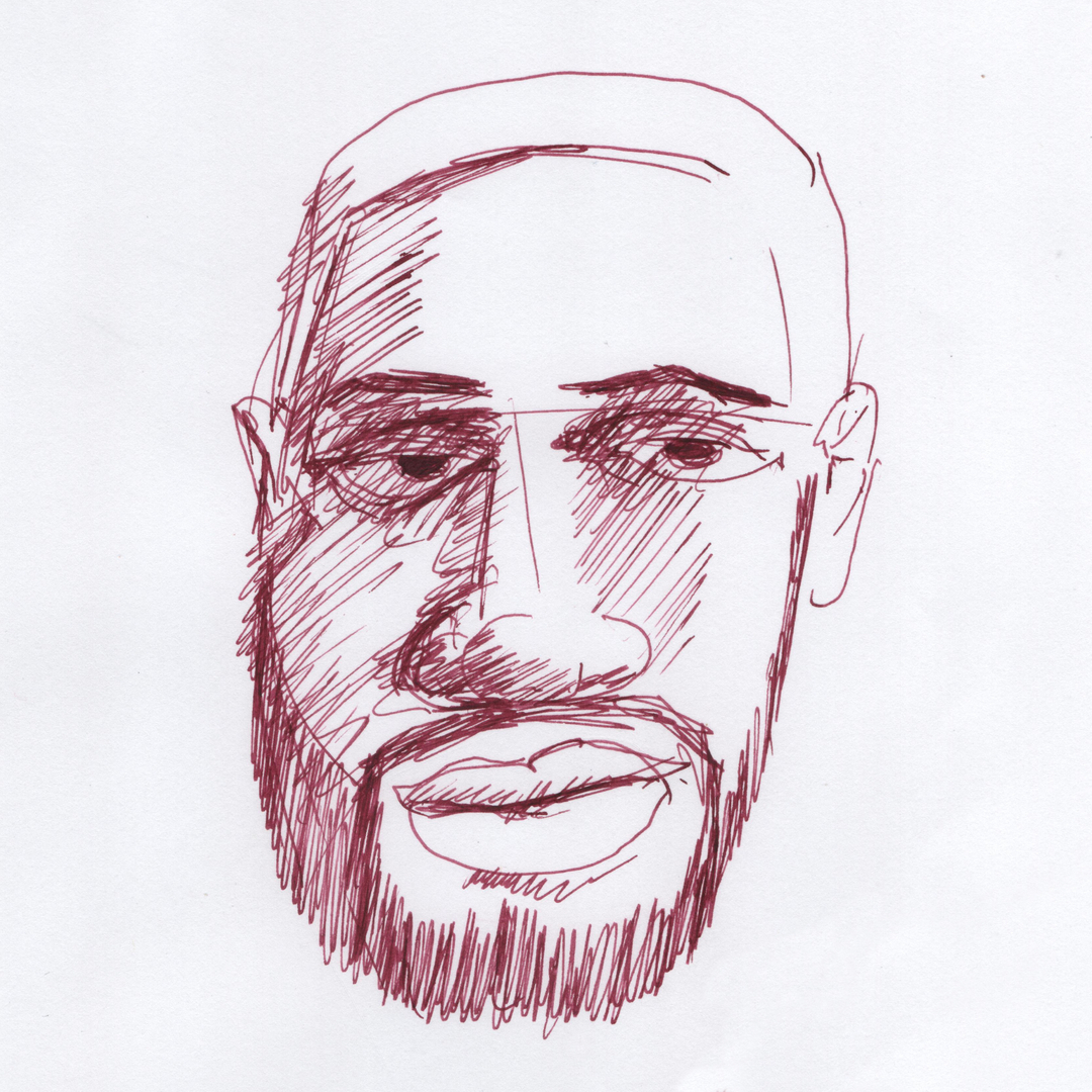 Portrait de Binary Jack, stylo plume, encre Diamine Writer's Blood, papier bas de gamme, essais multiples