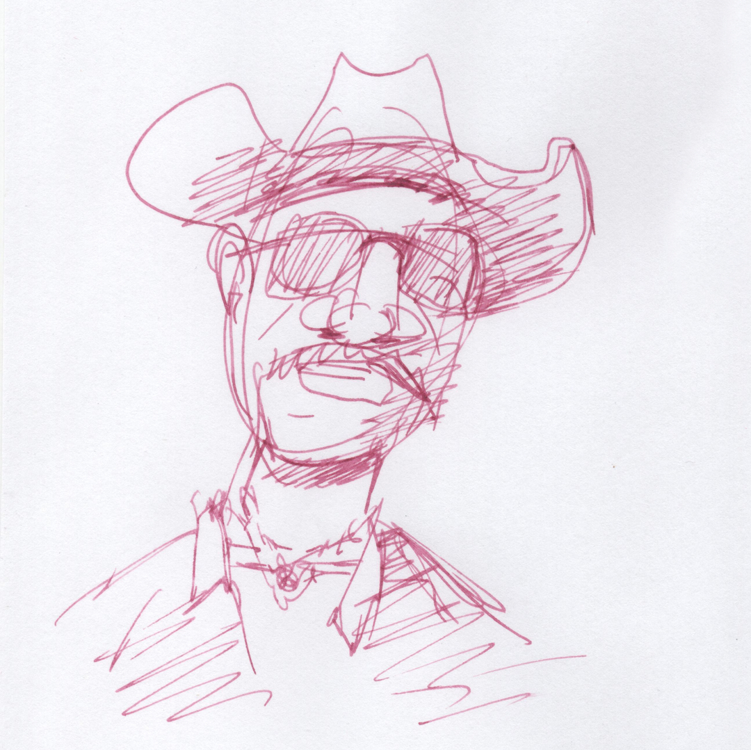 Portrait d'El Utlimo, chef des Oracles, stylo plume, encre Diamine Writer's Blood, papier bas de gamme, essais multiples