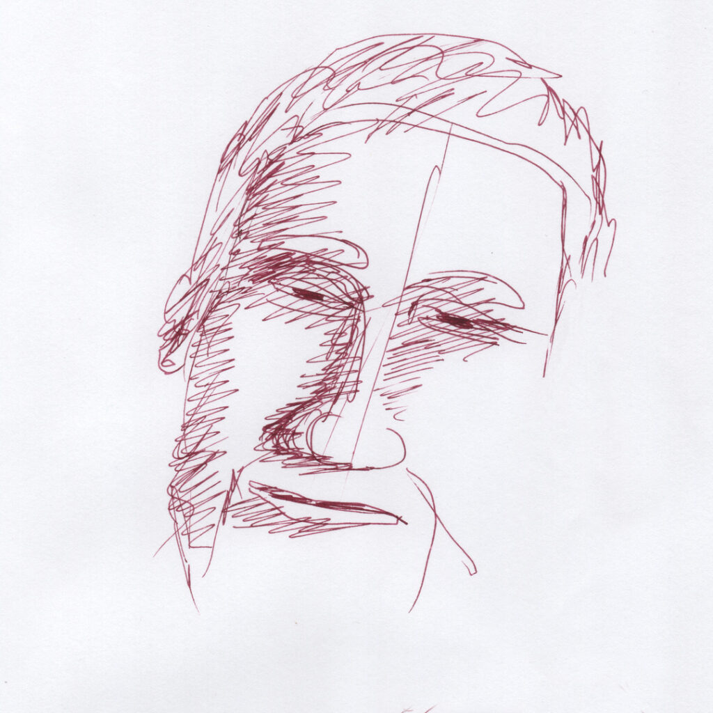 Portrait de Jarod, stylo plume, encre Diamine Writer's Blood, papier bas de gamme, essais multiples