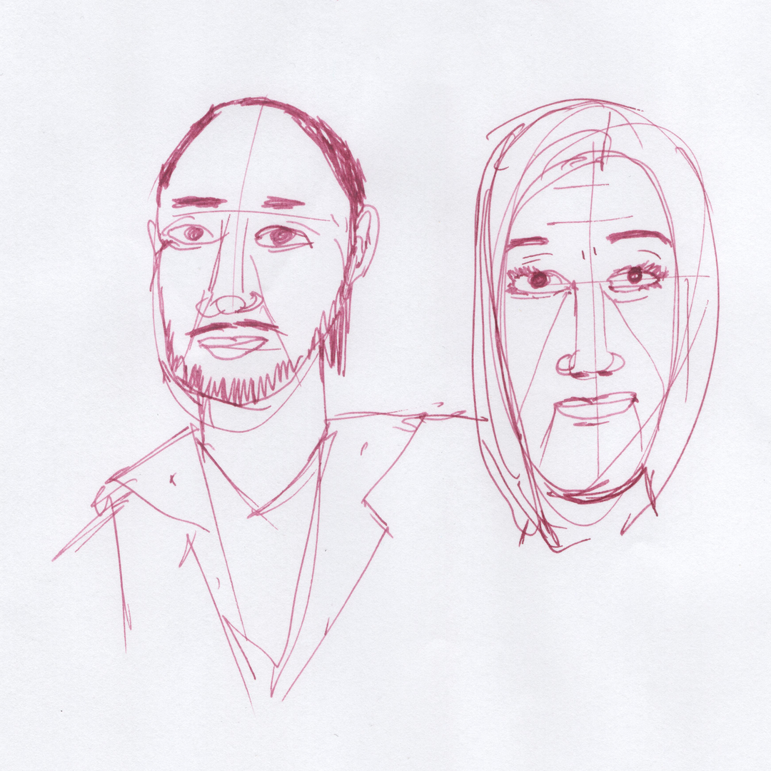 Portrait de Yún Xiōng (gauche) et la matriarche (droite), membre de la Triade des Trois Harmonies, stylo plume, encre Diamine Writer's Blood, papier bas de gamme, essais multiples