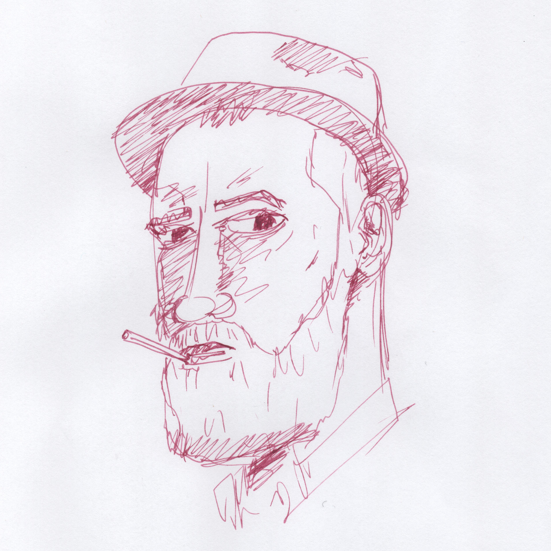 Portrait d'un membre du gang des Aldington, stylo plume, encre Diamine Writer's Blood, papier bas de gamme, essais multiples